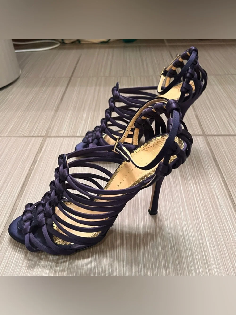 Charlotte Olympia navy web collection stiletto satin braided heels shoes 8 - Picture 4 of 7